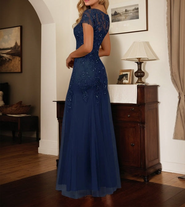 Dark Navy Mermaid Scoop Sequins Tulle Dress
