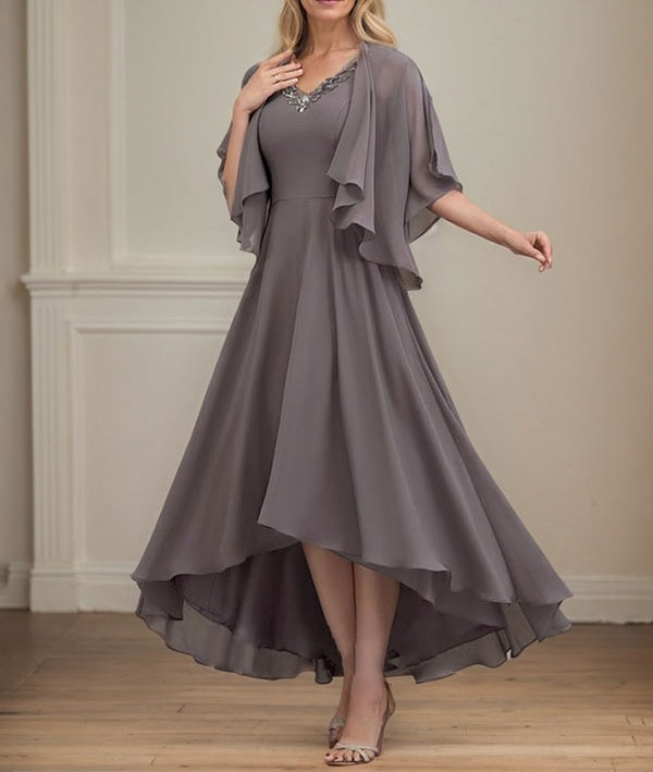 A-line V-Neck Asymmetrical Chiffon Mother of the Bride Dress With Beading Sequins