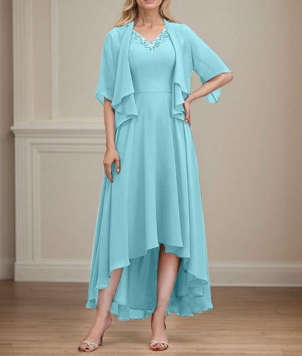 A-line V-Neck Asymmetrical Chiffon Mother of the Bride Dress With Beading Sequins