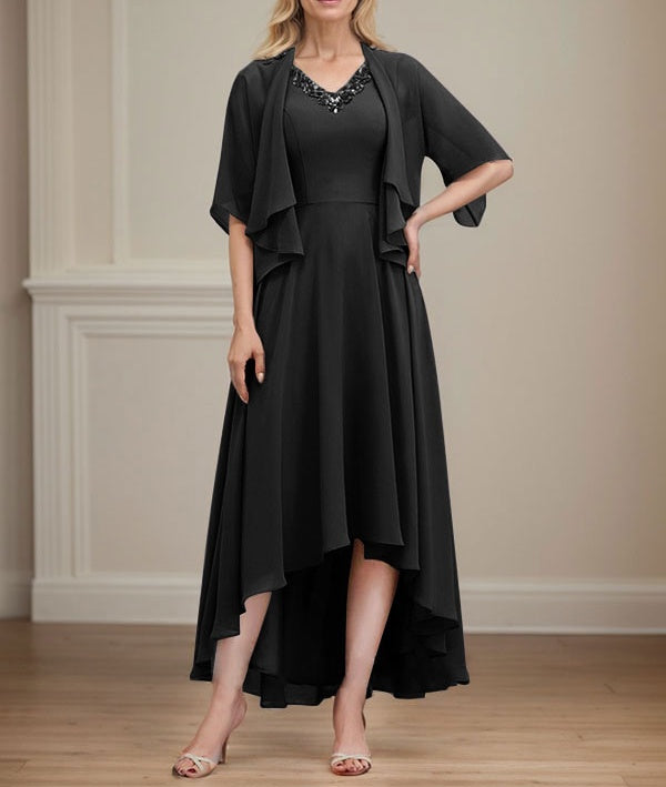 A-line V-Neck Asymmetrical Chiffon Mother of the Bride Dress With Beading Sequins