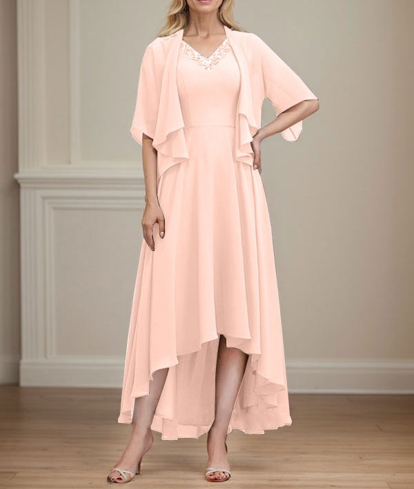 A-line V-Neck Asymmetrical Chiffon Mother of the Bride Dress With Beading Sequins