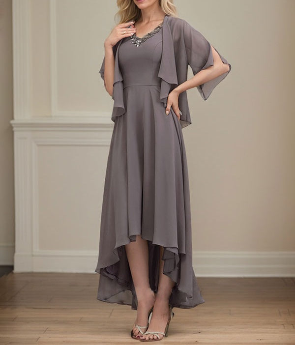 A-line V-Neck Asymmetrical Chiffon Mother of the Bride Dress With Beading Sequins