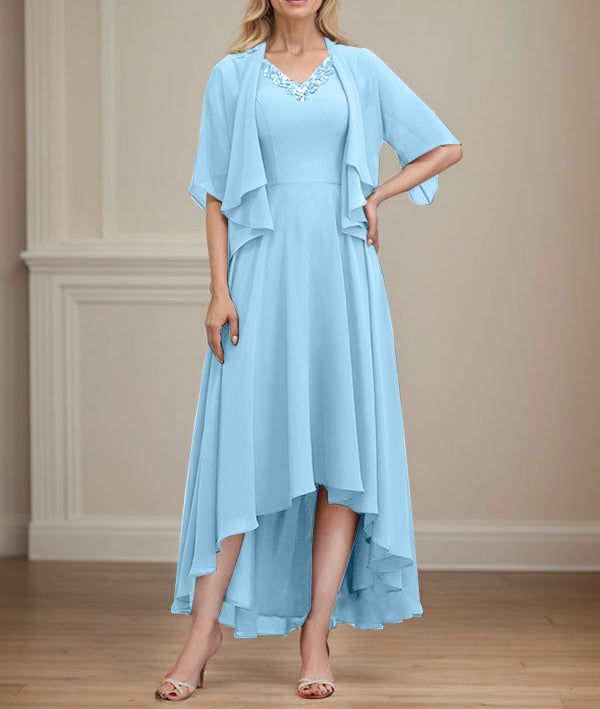 A-line V-Neck Asymmetrical Chiffon Mother of the Bride Dress With Beading Sequins