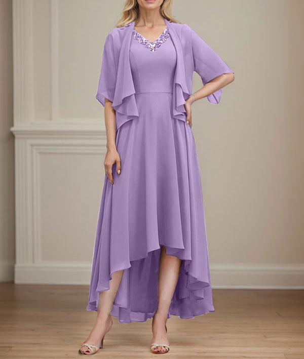 A-line V-Neck Asymmetrical Chiffon Mother of the Bride Dress With Beading Sequins