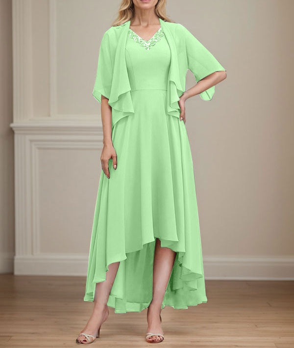 A-line V-Neck Asymmetrical Chiffon Mother of the Bride Dress With Beading Sequins