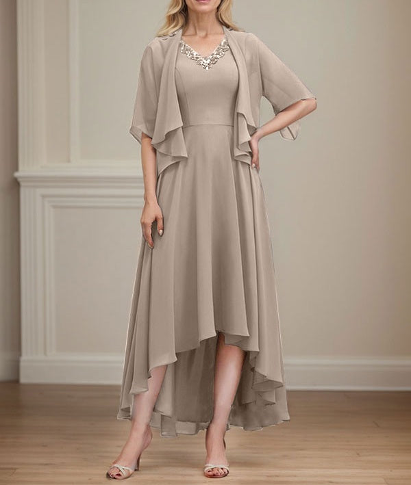 A-line V-Neck Asymmetrical Chiffon Mother of the Bride Dress With Beading Sequins