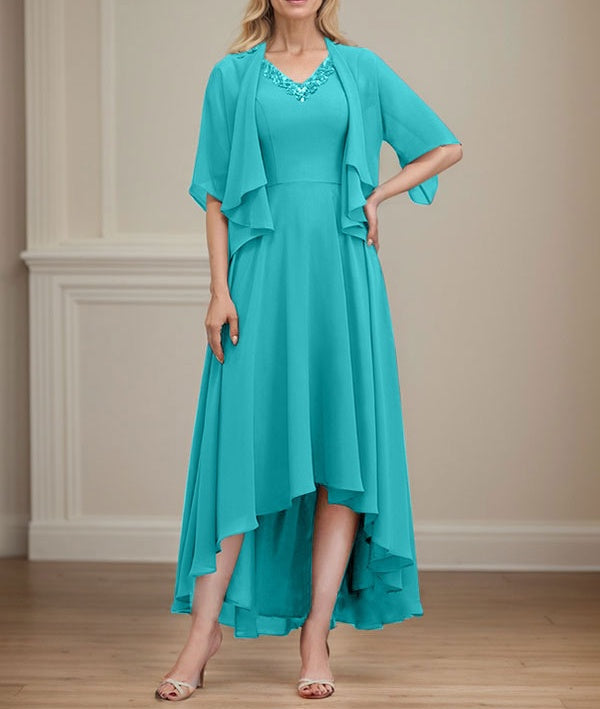 A-line V-Neck Asymmetrical Chiffon Mother of the Bride Dress With Beading Sequins