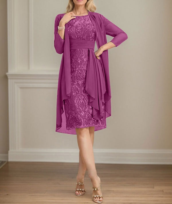 Sheath/Column Scoop Illusion Knee-Length Lace Chiffon Mother of the Bride Dress With Cascading Ruffles Sequins