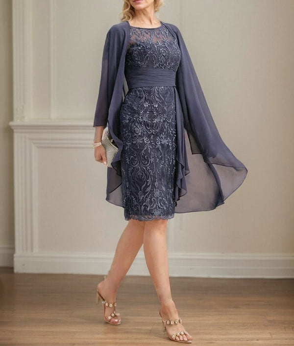 Sheath/Column Scoop Illusion Knee-Length Lace Chiffon Mother of the Bride Dress With Cascading Ruffles Sequins