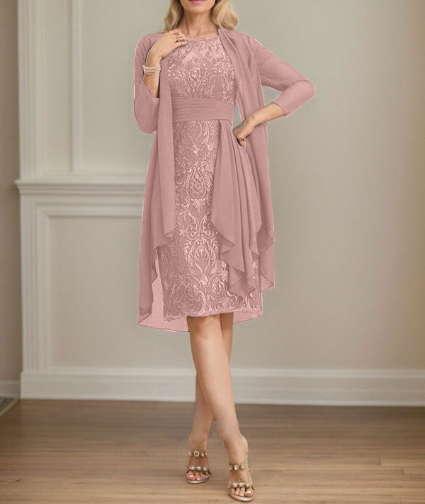 Sheath/Column Scoop Illusion Knee-Length Lace Chiffon Mother of the Bride Dress With Cascading Ruffles Sequins