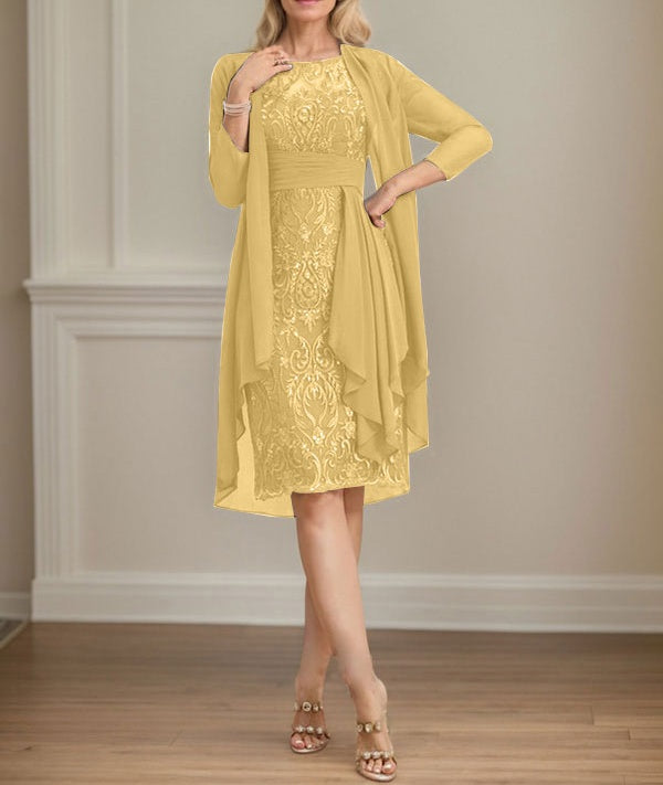 Sheath/Column Scoop Illusion Knee-Length Lace Chiffon Mother of the Bride Dress With Cascading Ruffles Sequins