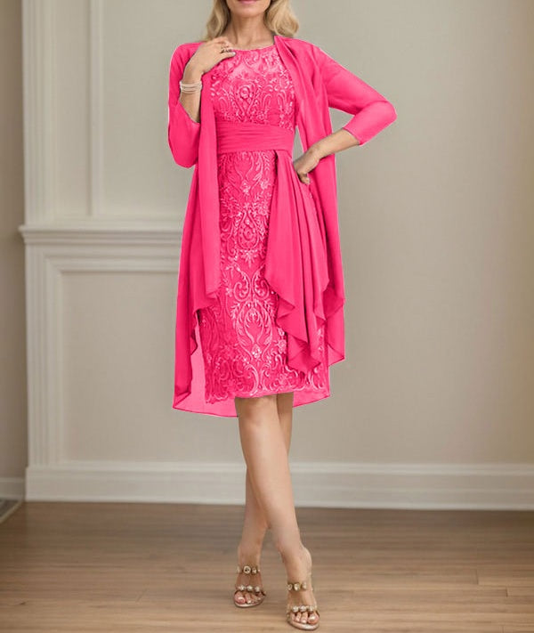 Sheath/Column Scoop Illusion Knee-Length Lace Chiffon Mother of the Bride Dress With Cascading Ruffles Sequins