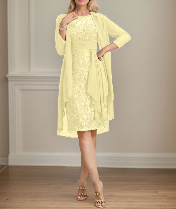 Sheath/Column Scoop Illusion Knee-Length Lace Chiffon Mother of the Bride Dress With Cascading Ruffles Sequins
