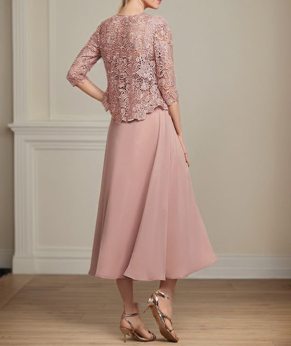A-line Square Tea-Length Chiffon Lace Mother of the Bride Dress With Sequins Beading