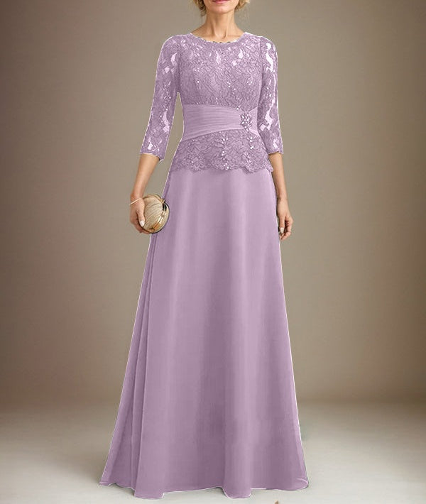 A-line Scoop Illusion Floor-Length Chiffon Lace Mother of the Bride Dress With Pleated Sequins Beading