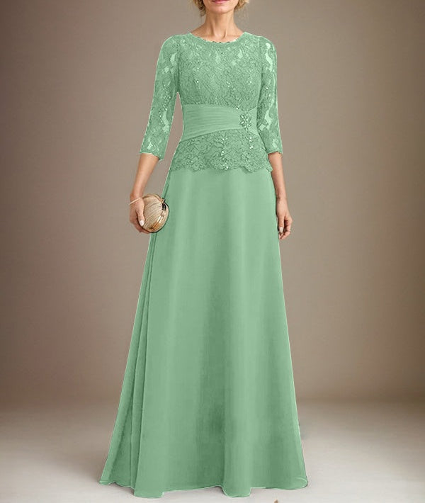 A-line Scoop Illusion Floor-Length Chiffon Lace Mother of the Bride Dress With Pleated Sequins Beading