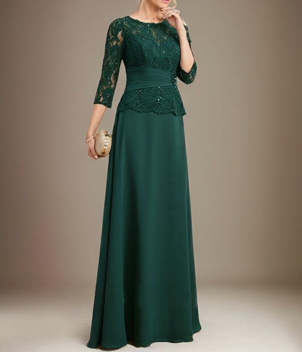 A-line Scoop Illusion Floor-Length Chiffon Lace Mother of the Bride Dress With Pleated Sequins Beading
