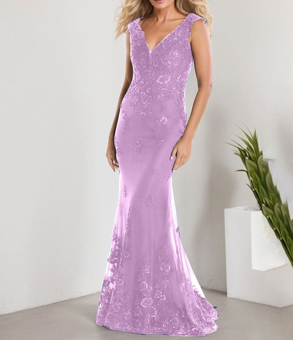 A-line V-Neck Floor-Length Lace Chiffon Mother of the Bride Dress With Applique Sequins Mermaid Dresses