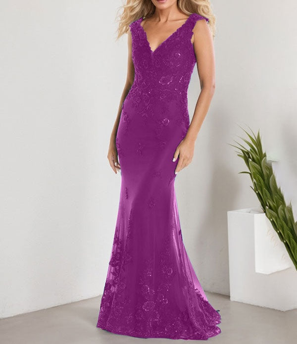 A-line V-Neck Floor-Length Lace Chiffon Mother of the Bride Dress With Applique Sequins Mermaid Dresses