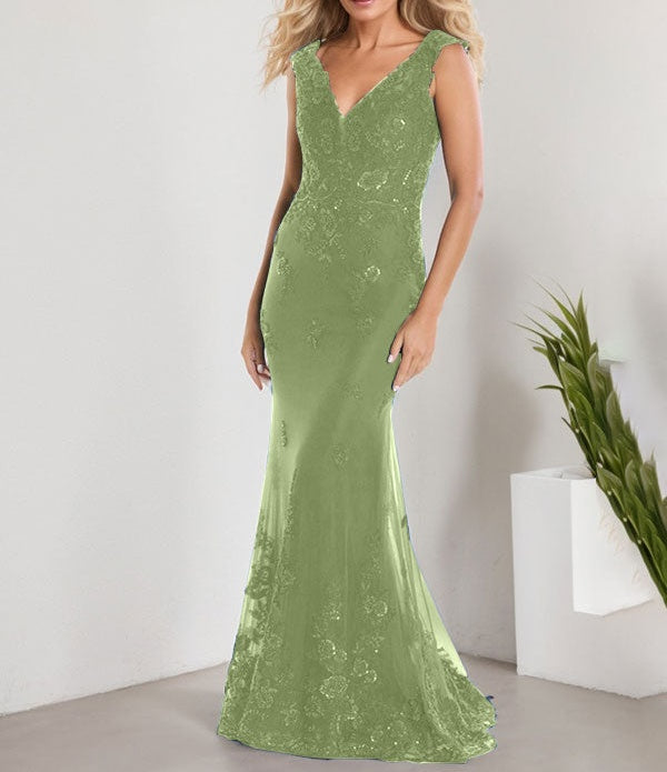 A-line V-Neck Floor-Length Lace Chiffon Mother of the Bride Dress With Applique Sequins Mermaid Dresses