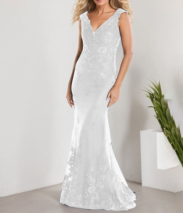 A-line V-Neck Floor-Length Lace Chiffon Mother of the Bride Dress With Applique Sequins Mermaid Dresses