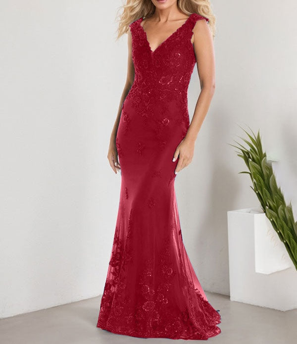 A-line V-Neck Floor-Length Lace Chiffon Mother of the Bride Dress With Applique Sequins Mermaid Dresses