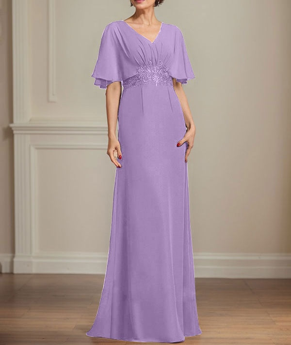 A-line V-Neck Floor-Length Chiffon Mother of the Bride Dress With Pleated Sequins Appliques Lace