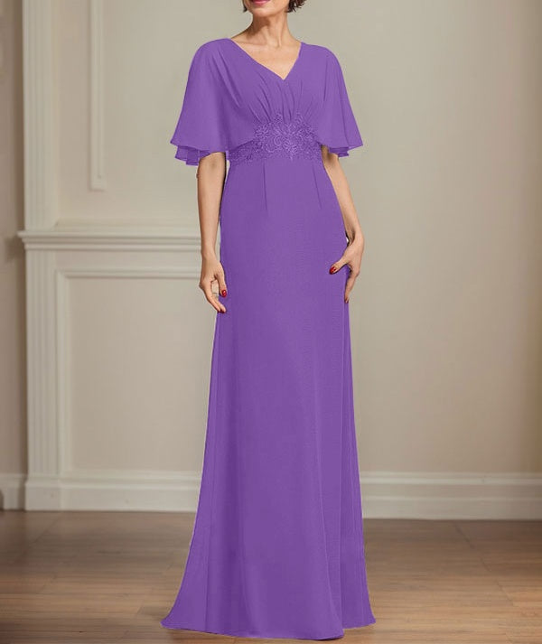 A-line V-Neck Floor-Length Chiffon Mother of the Bride Dress With Pleated Sequins Appliques Lace