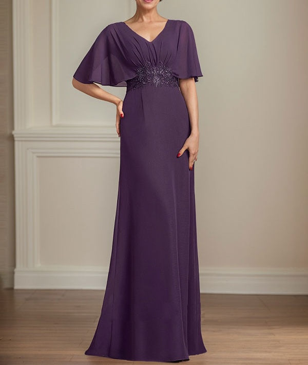 A-line V-Neck Floor-Length Chiffon Mother of the Bride Dress With Pleated Sequins Appliques Lace