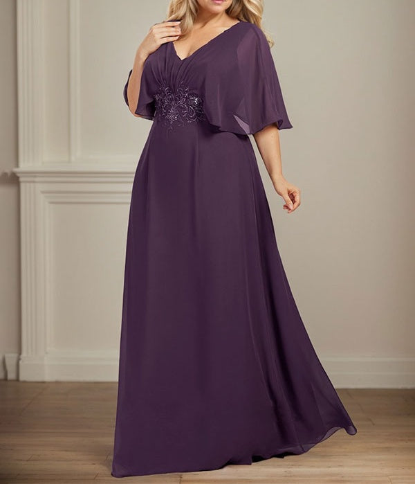 A-line V-Neck Floor-Length Chiffon Mother of the Bride Dress With Pleated Sequins Appliques Lace