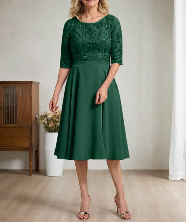 A-line Scoop Knee-Length Lace Chiffon Mother of the Bride Dress