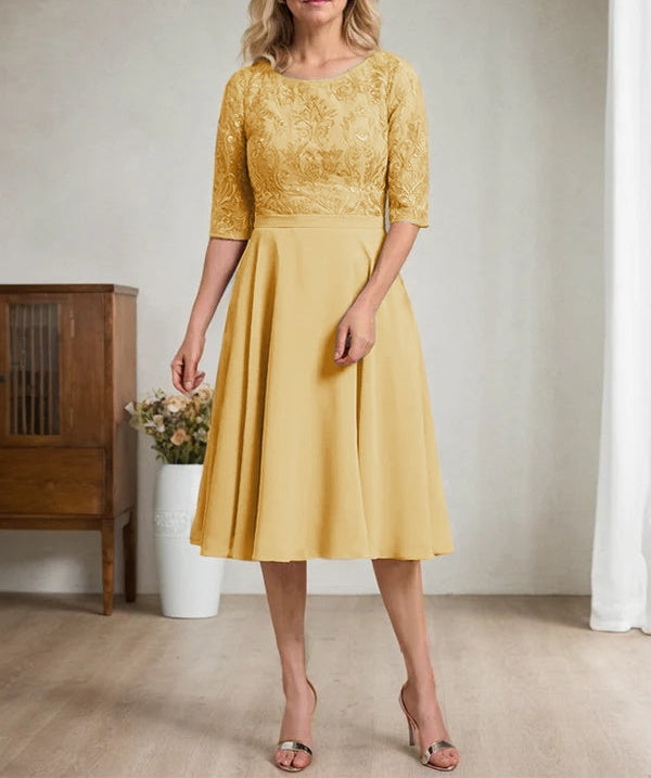 A-line Scoop Knee-Length Lace Chiffon Mother of the Bride Dress