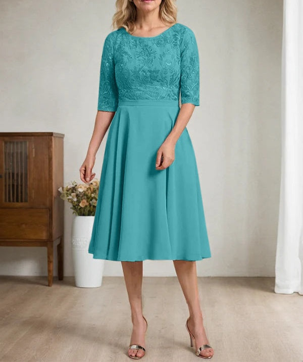 A-line Scoop Knee-Length Lace Chiffon Mother of the Bride Dress