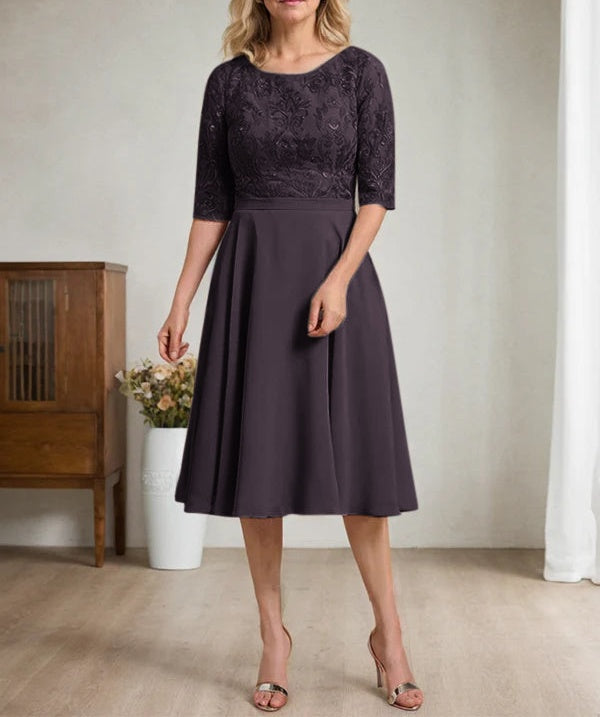 A-line Scoop Knee-Length Lace Chiffon Mother of the Bride Dress