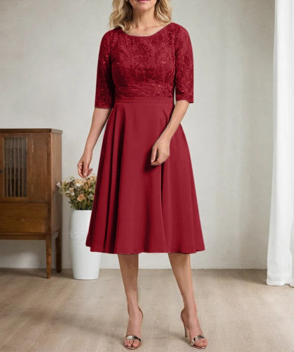A-line Scoop Knee-Length Lace Chiffon Mother of the Bride Dress