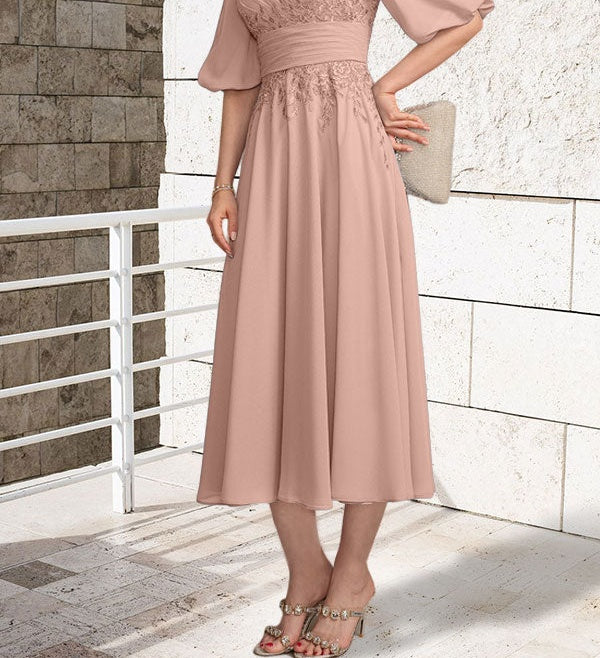 A-line V-Neck Tea-Length Lace Chiffon Mother of the Bride Dress With Pleated