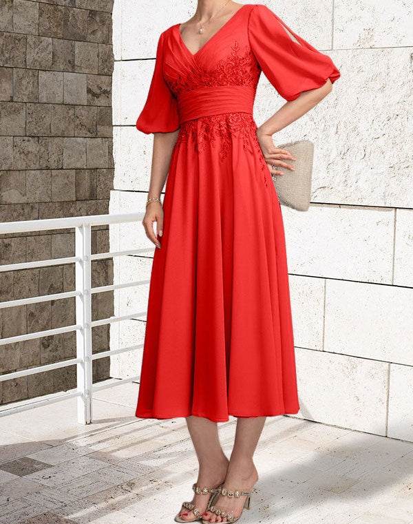 A-line V-Neck Tea-Length Lace Chiffon Mother of the Bride Dress With Pleated