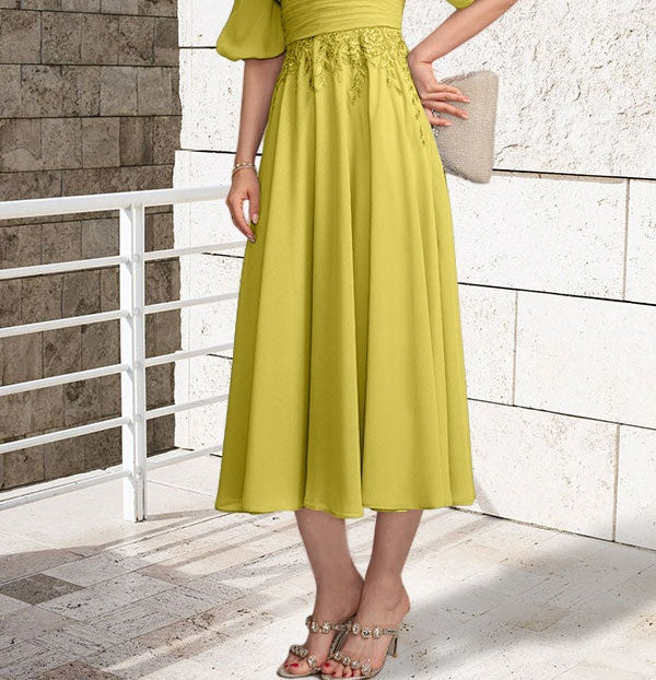 A-line V-Neck Tea-Length Lace Chiffon Mother of the Bride Dress With Pleated