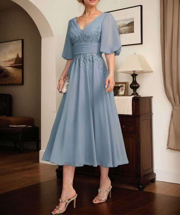 A-line V-Neck Tea-Length Lace Chiffon Mother of the Bride Dress With Pleated