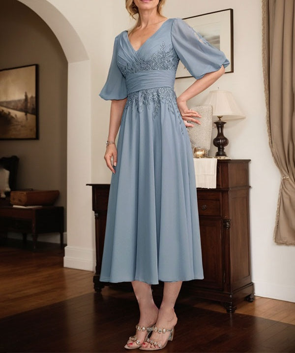 A-line V-Neck Tea-Length Lace Chiffon Mother of the Bride Dress With Pleated