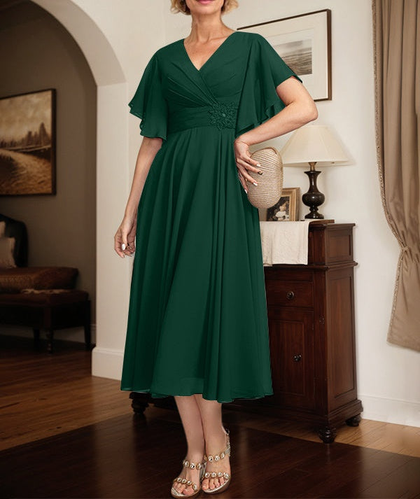 A-line V-Neck Tea-Length Chiffon Mother of the Bride Dress With Pleated Beading