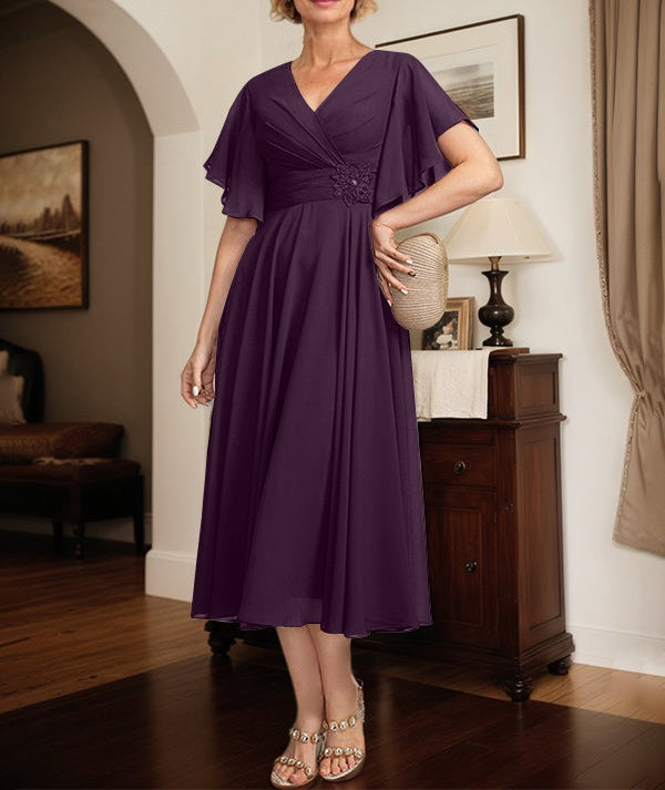 A-line V-Neck Tea-Length Chiffon Mother of the Bride Dress With Pleated Beading