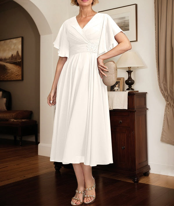 A-line V-Neck Tea-Length Chiffon Mother of the Bride Dress With Pleated Beading