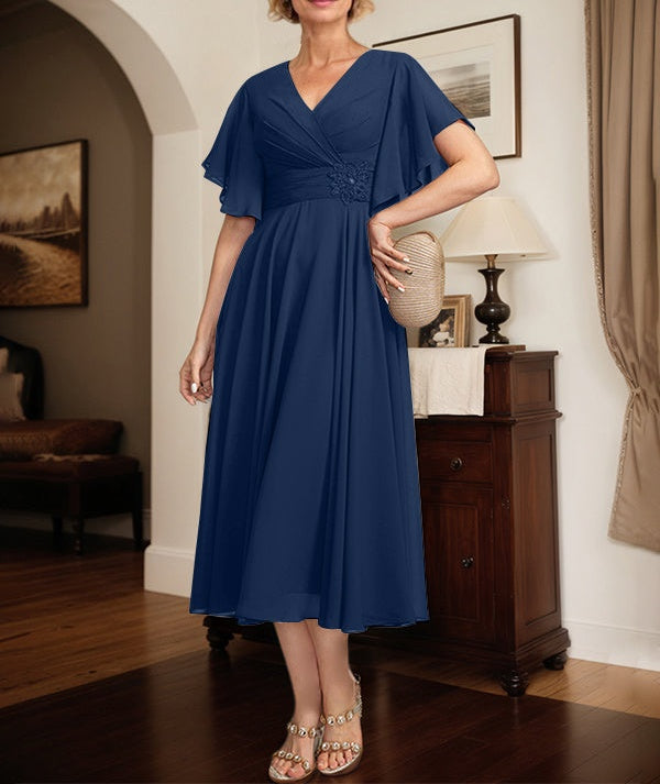 A-line V-Neck Tea-Length Chiffon Mother of the Bride Dress With Pleated Beading