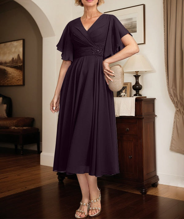 A-line V-Neck Tea-Length Chiffon Mother of the Bride Dress With Pleated Beading