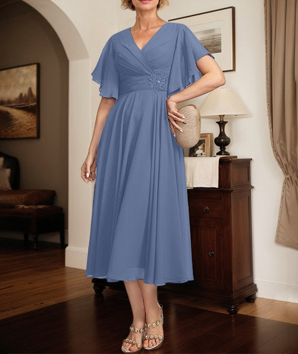 A-line V-Neck Tea-Length Chiffon Mother of the Bride Dress With Pleated Beading