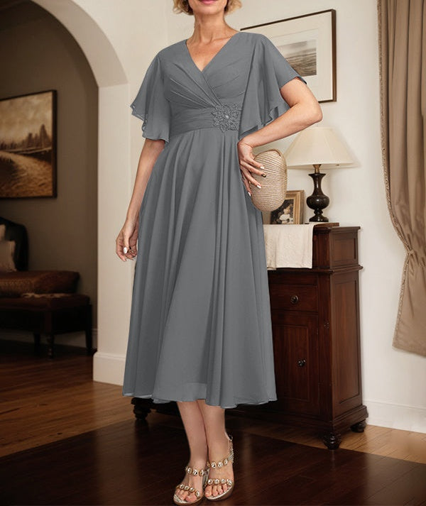 A-line V-Neck Tea-Length Chiffon Mother of the Bride Dress With Pleated Beading