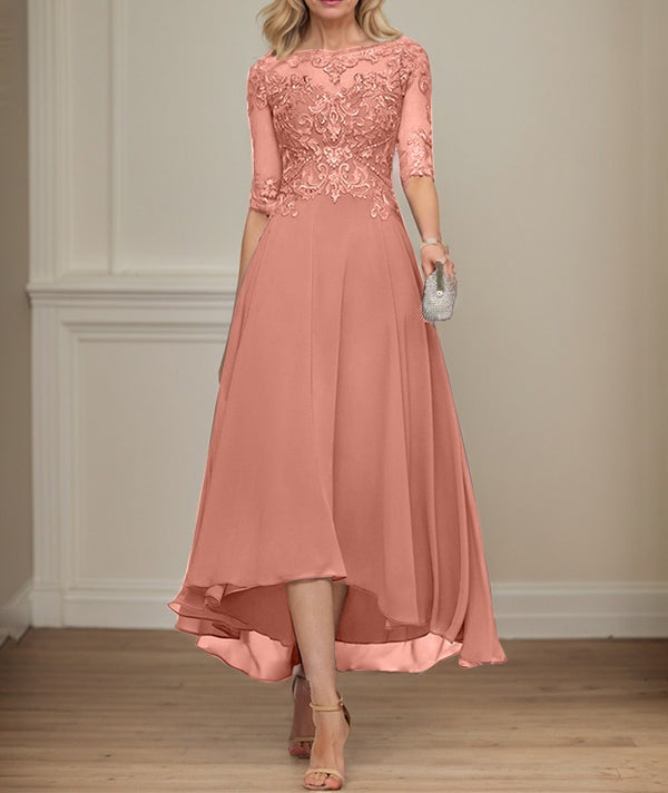A-line Boat Neck Illusion Asymmetrical Chiffon Lace Mother of the Bride Dress With Sequins Beading