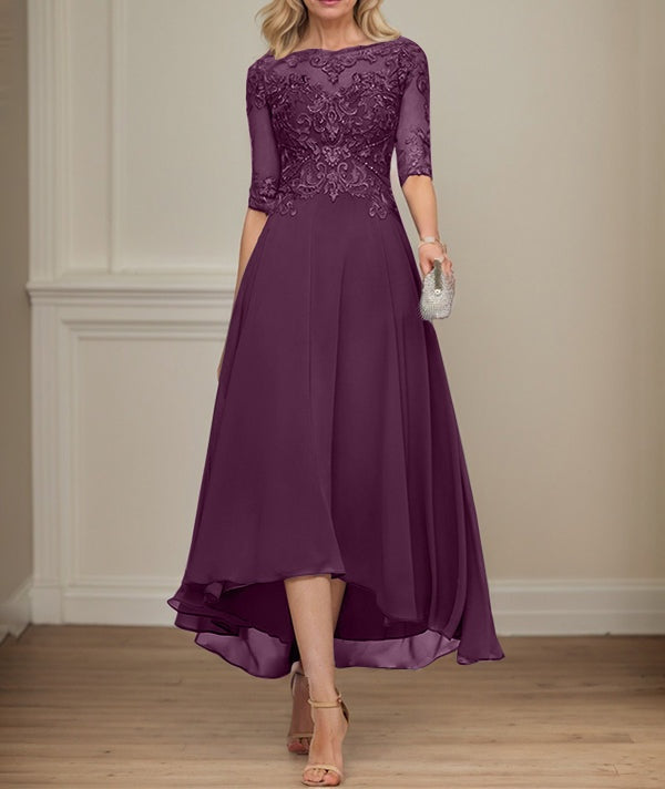 A-line Boat Neck Illusion Asymmetrical Chiffon Lace Mother of the Bride Dress With Sequins Beading