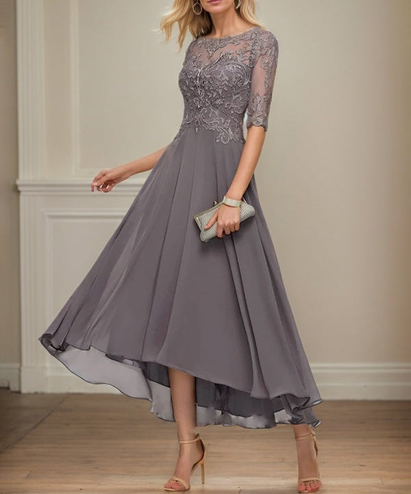 A-line Boat Neck Illusion Asymmetrical Chiffon Lace Mother of the Bride Dress With Sequins Beading